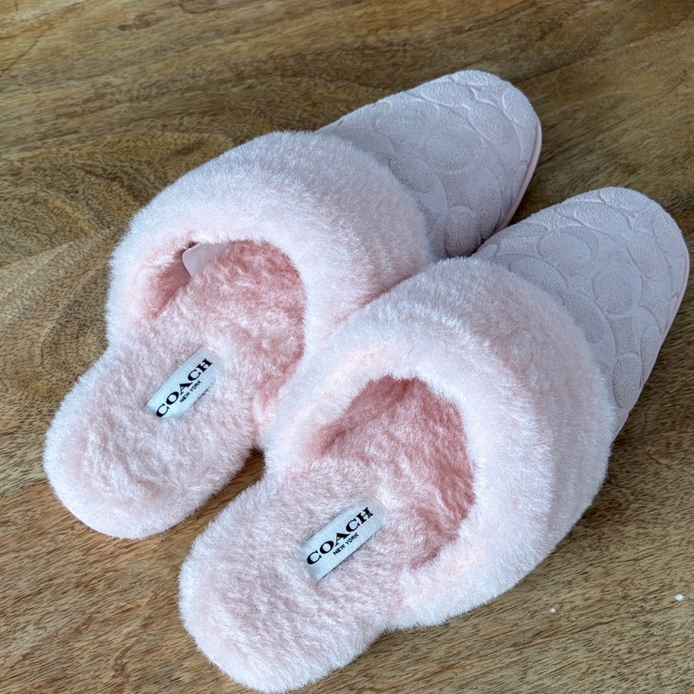 Coach Light Pink Plush Slide Slippers